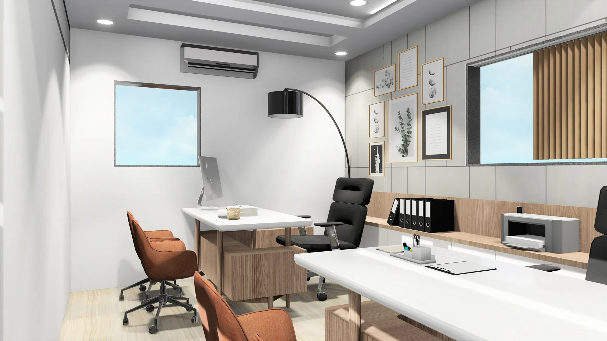 Design visualisation of the office with a white desk, rust-toned chairs and a pale panelled wall