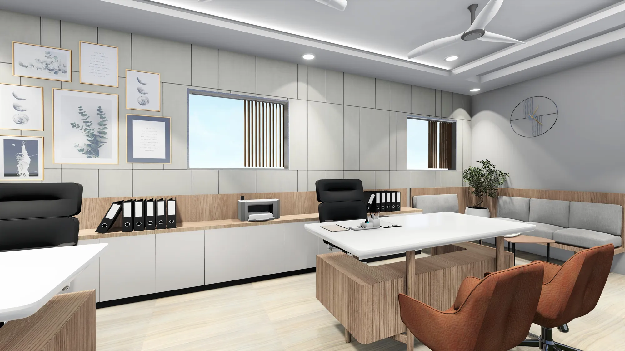 Design visualisation of the full office with low storage and a lounge seat