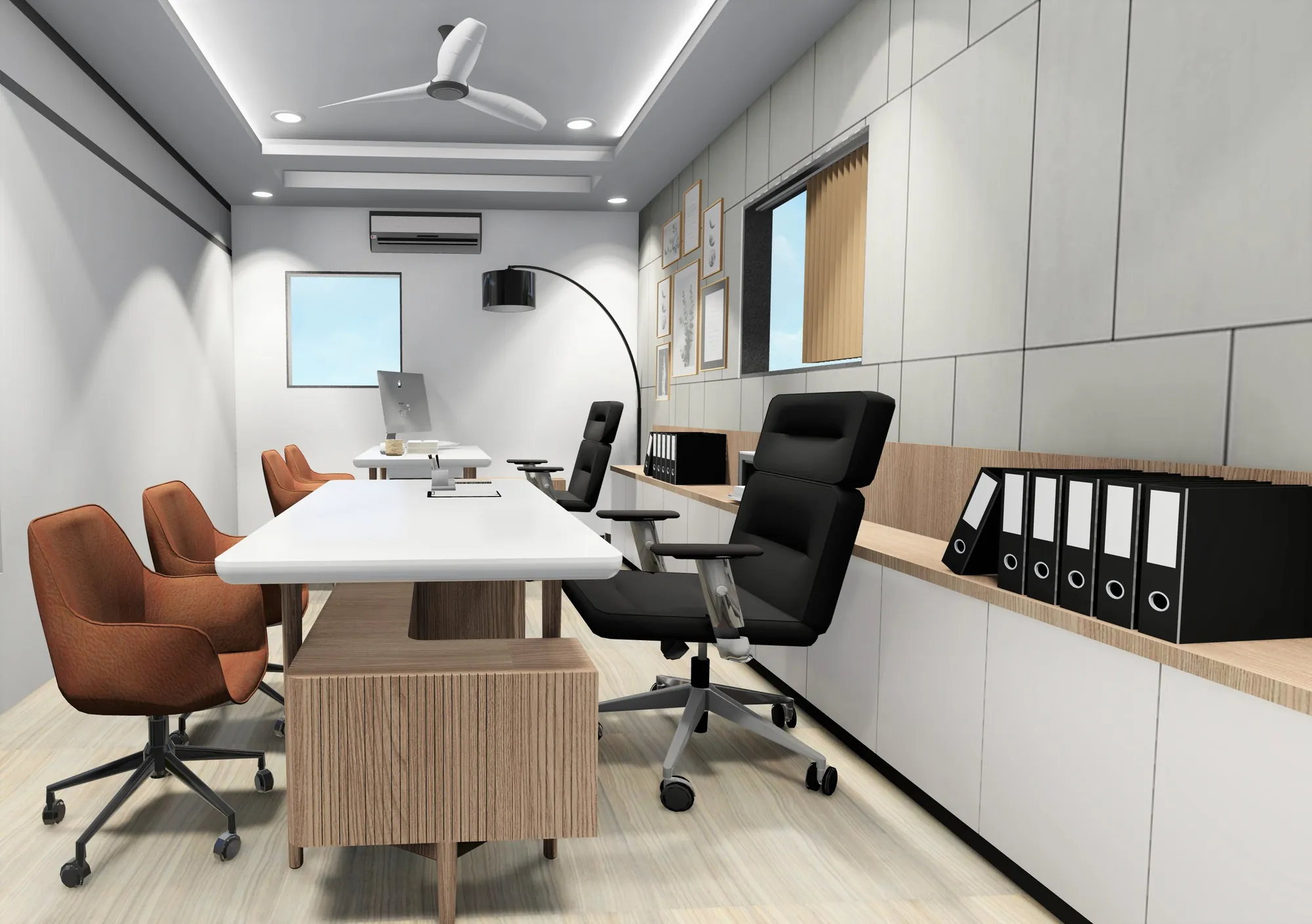 Design visualisation of the principal’s desk with a fluted timber base