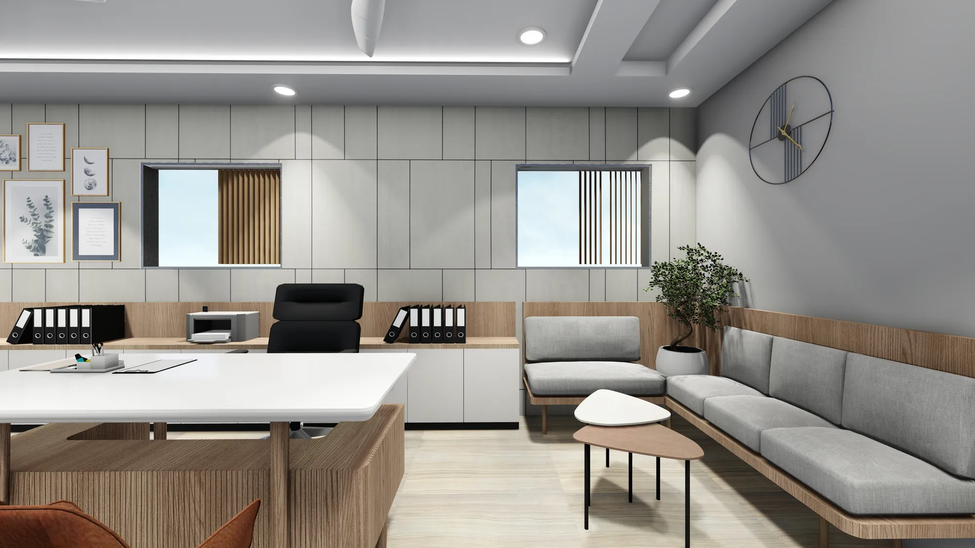 Design visualisation of the visitor seating with grey upholstery and a wall clock