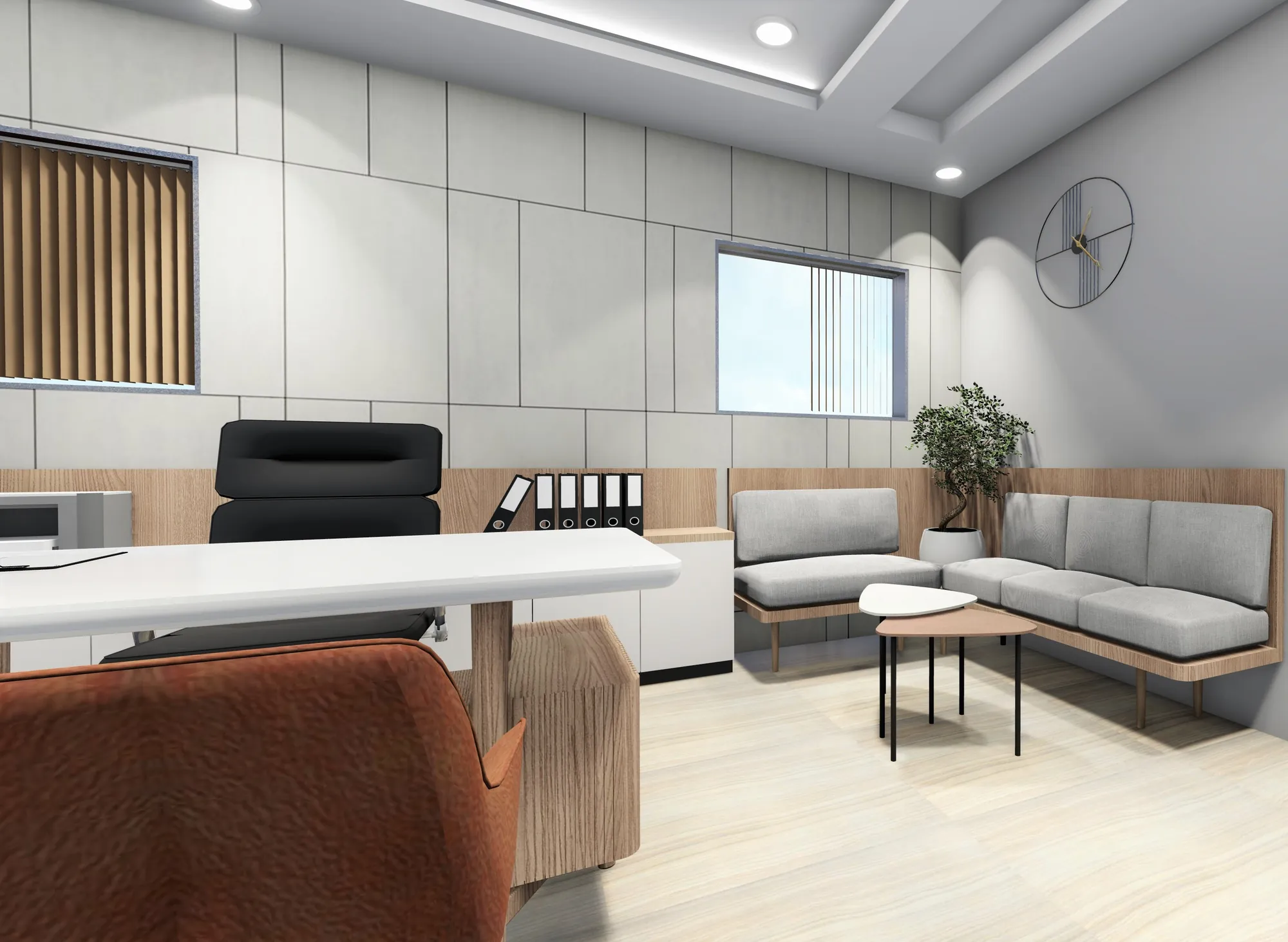 Design visualisation from behind a rust-toned chair towards the seating corner