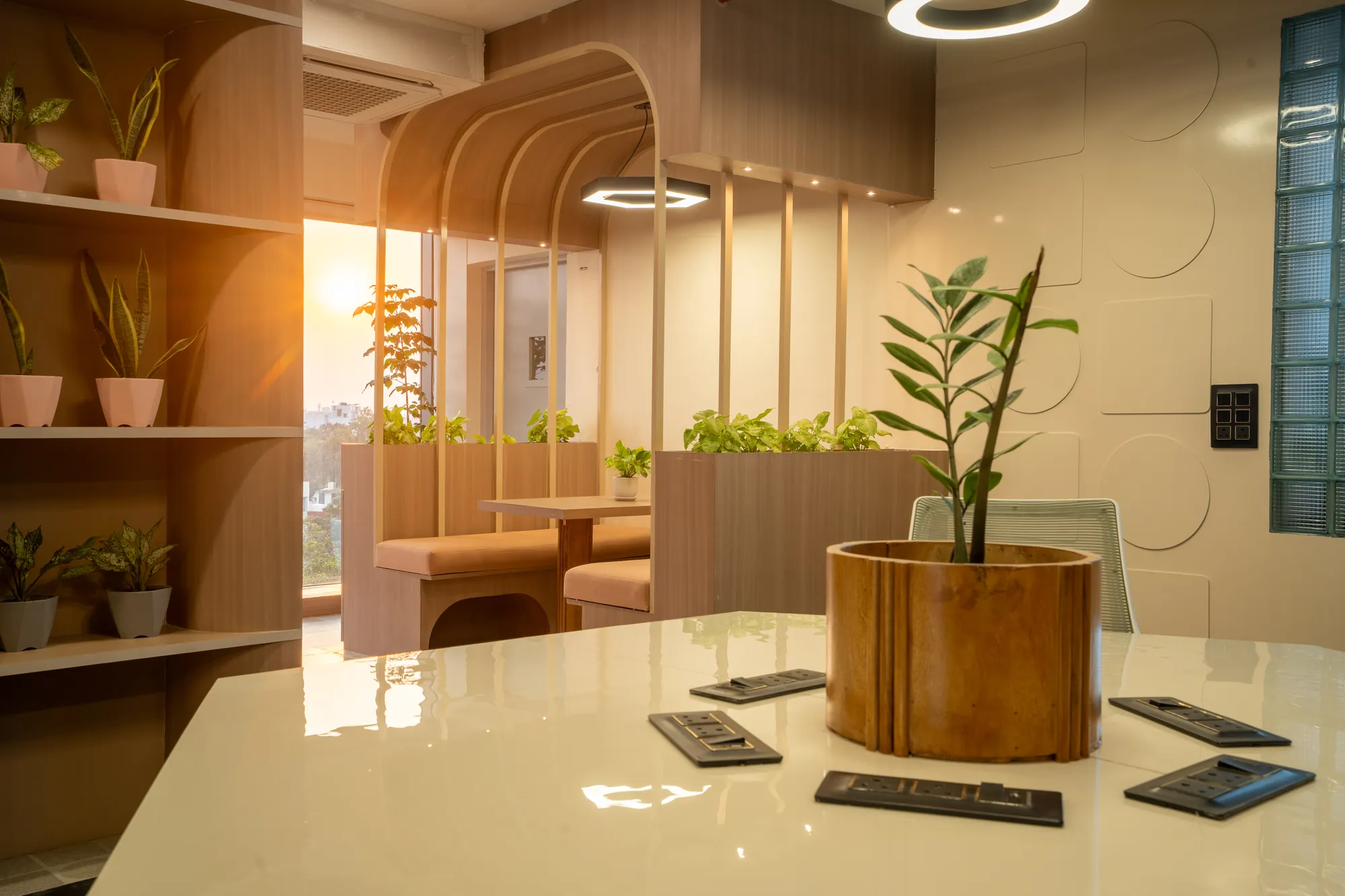 Detail of a shared table with a timber planter beside curved wooden seating