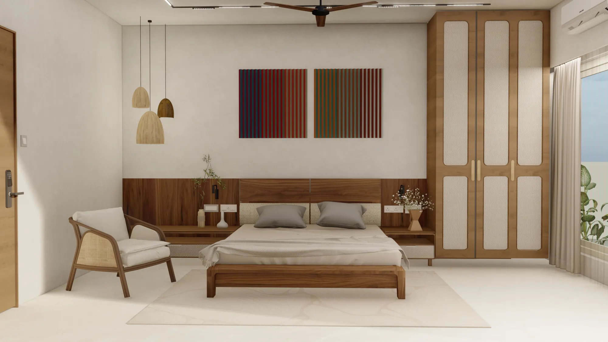 Design visualisation of a bedroom with a low wooden bed and fluted wardrobe