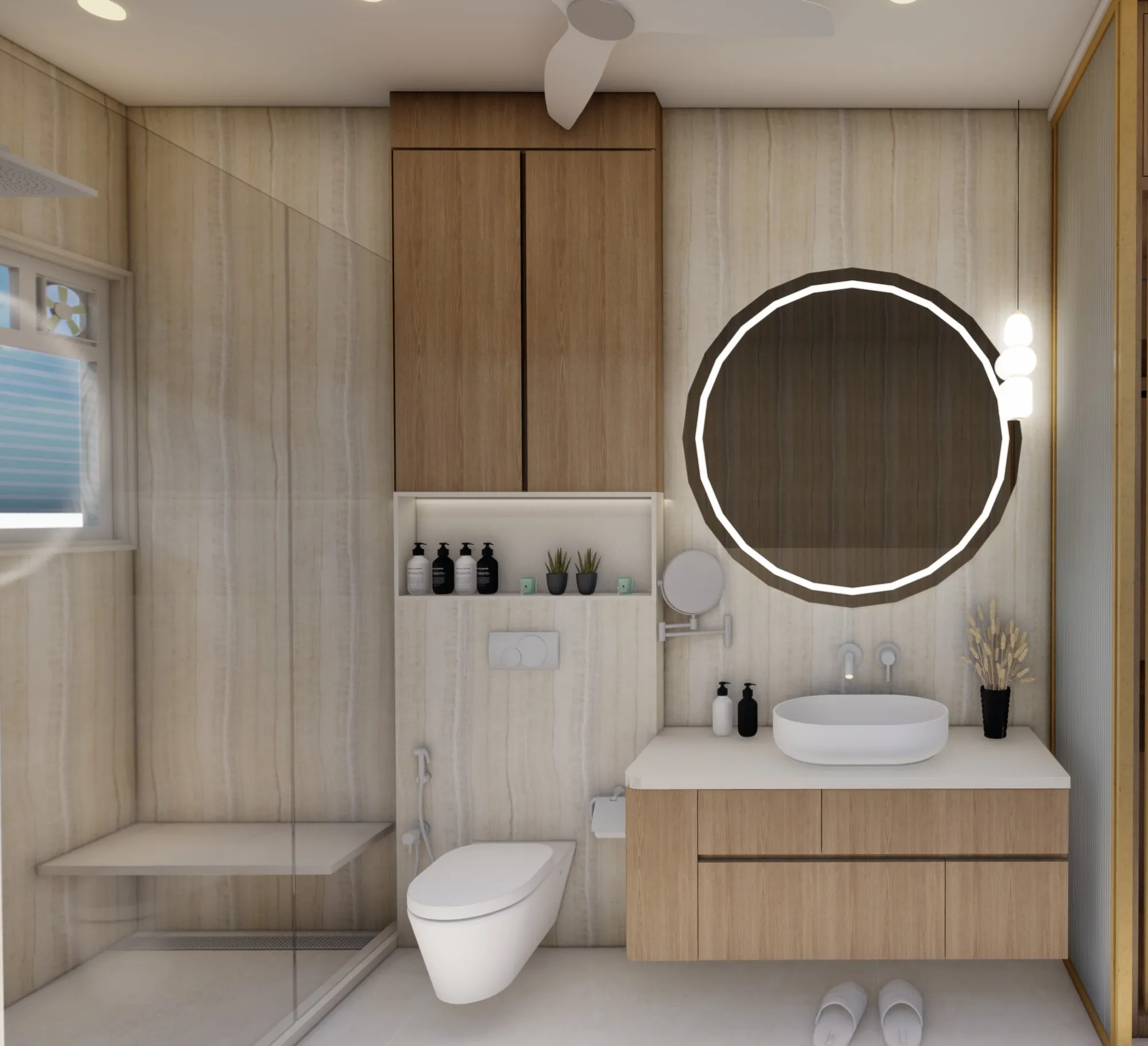 Design visualisation of a bathroom with wood cladding and a round backlit mirror