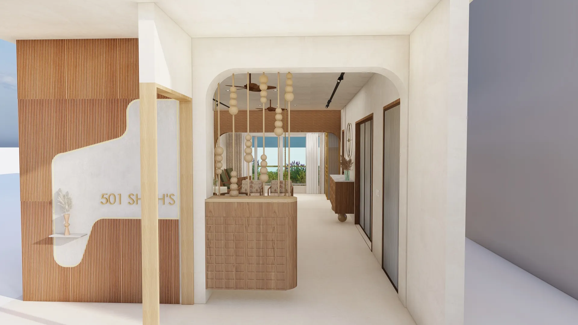 Design visualisation of the entrance foyer with an arched opening and cane console
