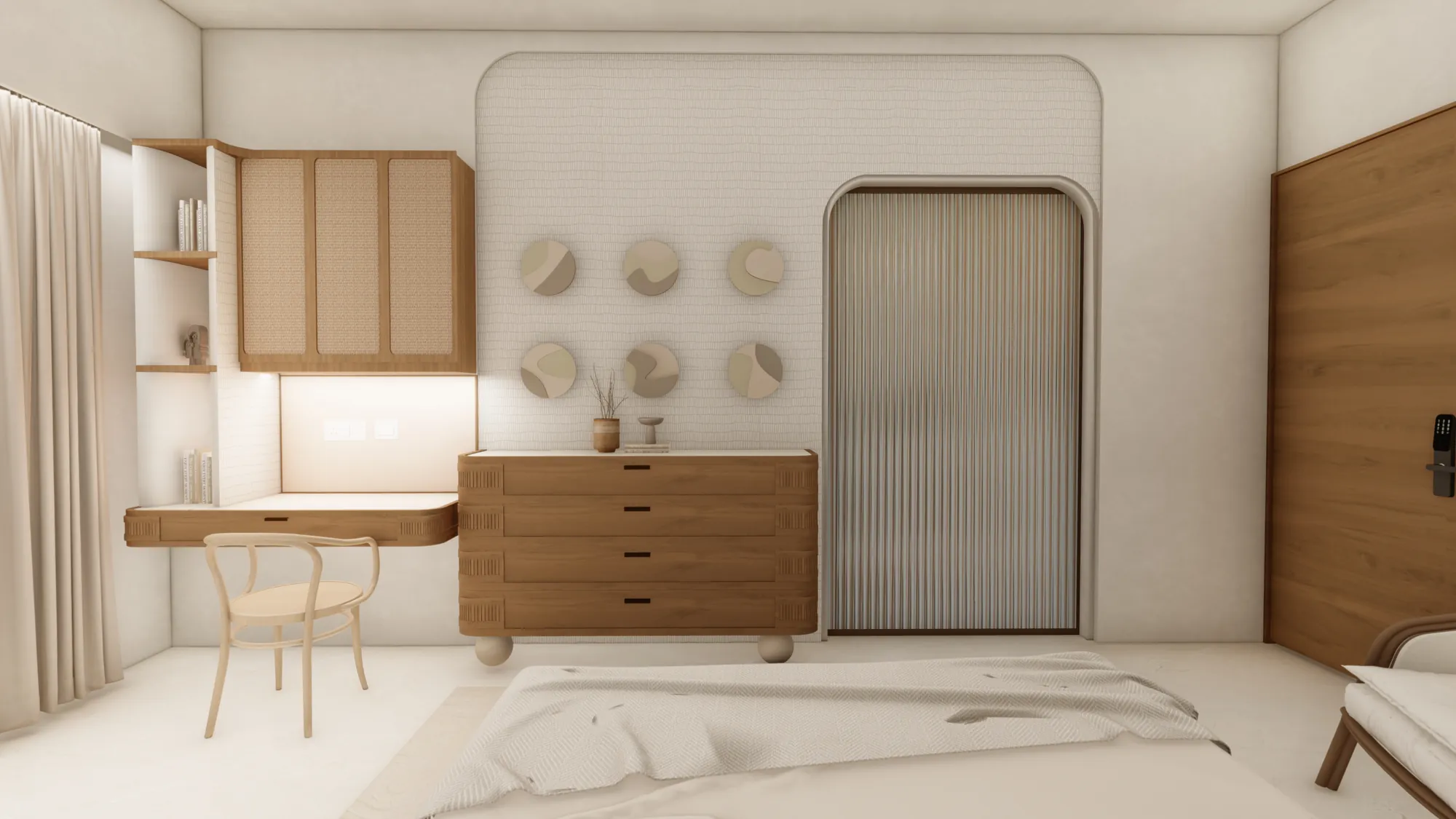 Design visualisation of a bedroom study wall with a chest of drawers and fluted door