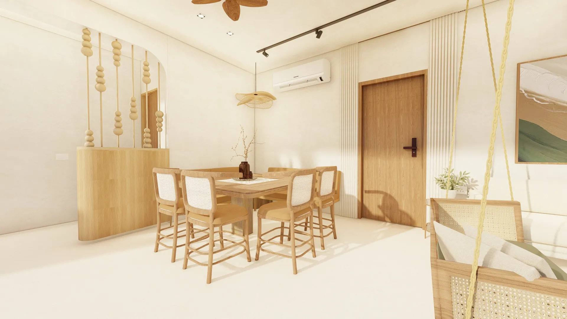Design visualisation of the dining area with a wooden table and a screen of gold wheat motifs