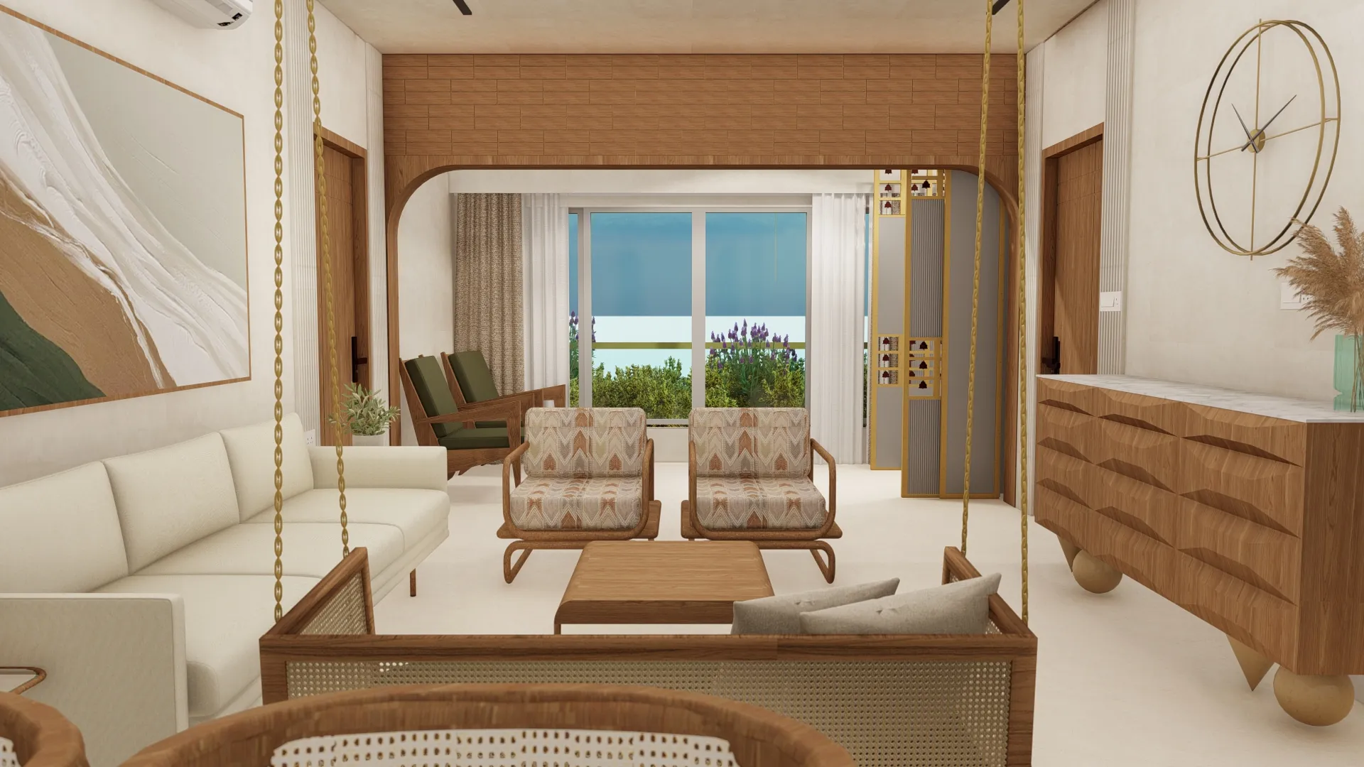 Design visualisation of the living room with a cane swing, ivory sofa and carved wooden sideboard