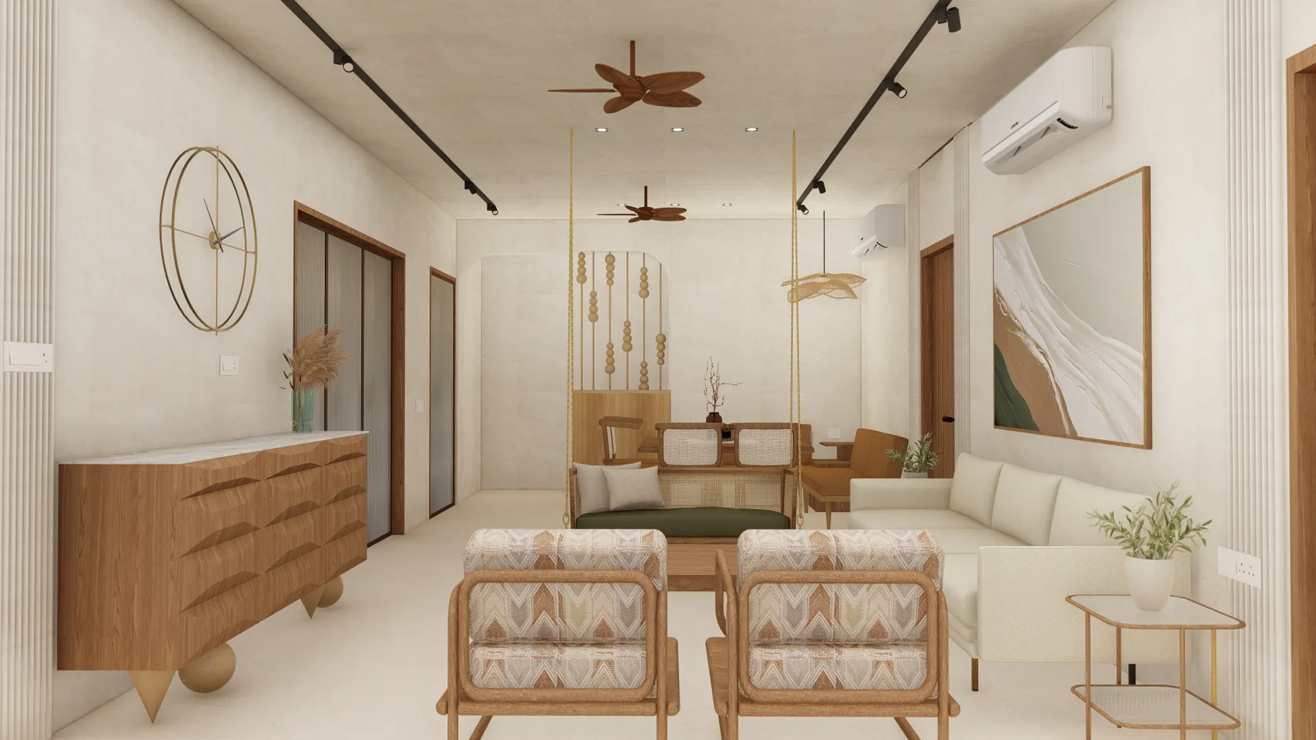 Design visualisation looking across the living room towards the dining area