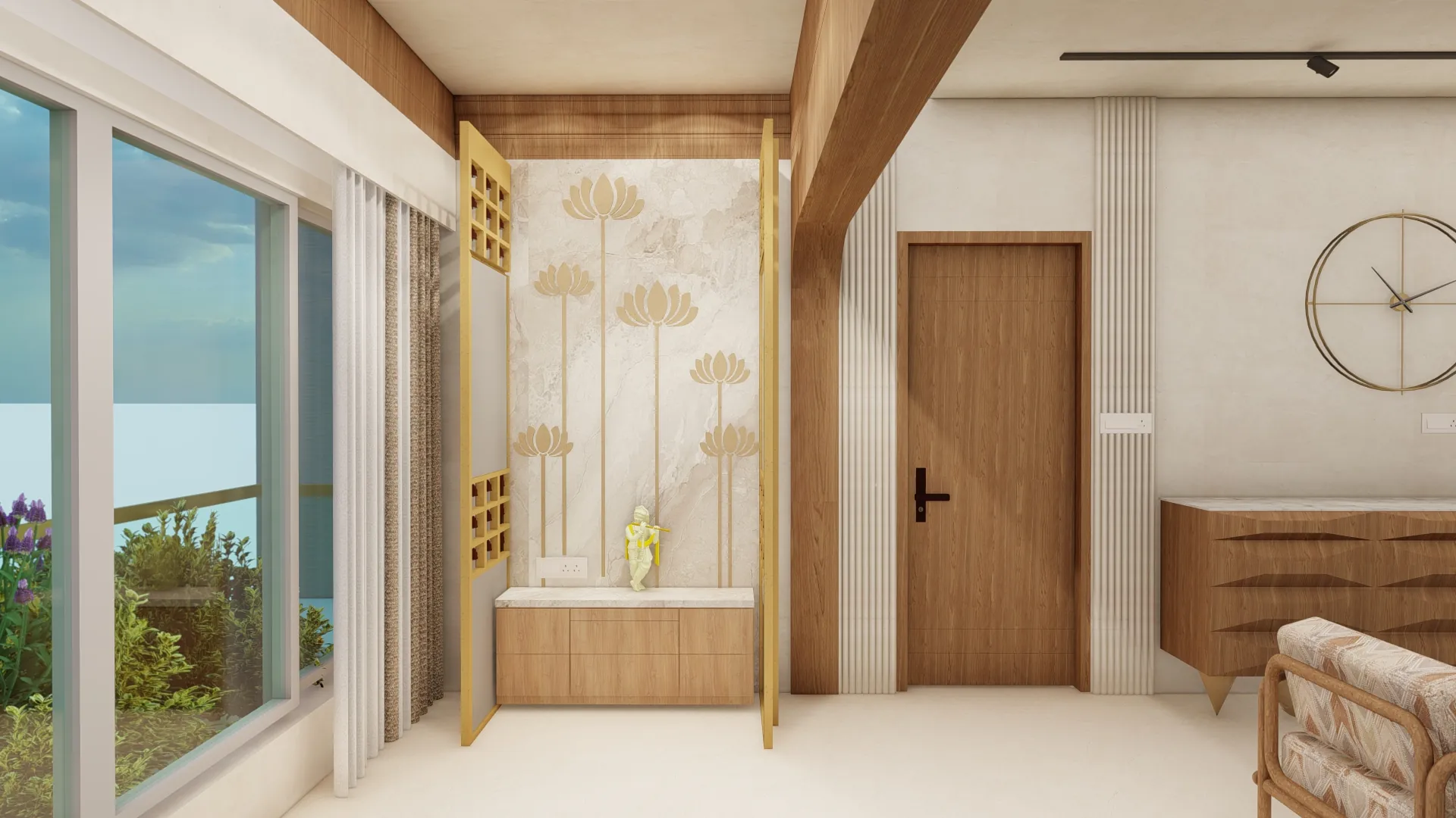 Design visualisation of a prayer unit with gold lotus detailing beside the window