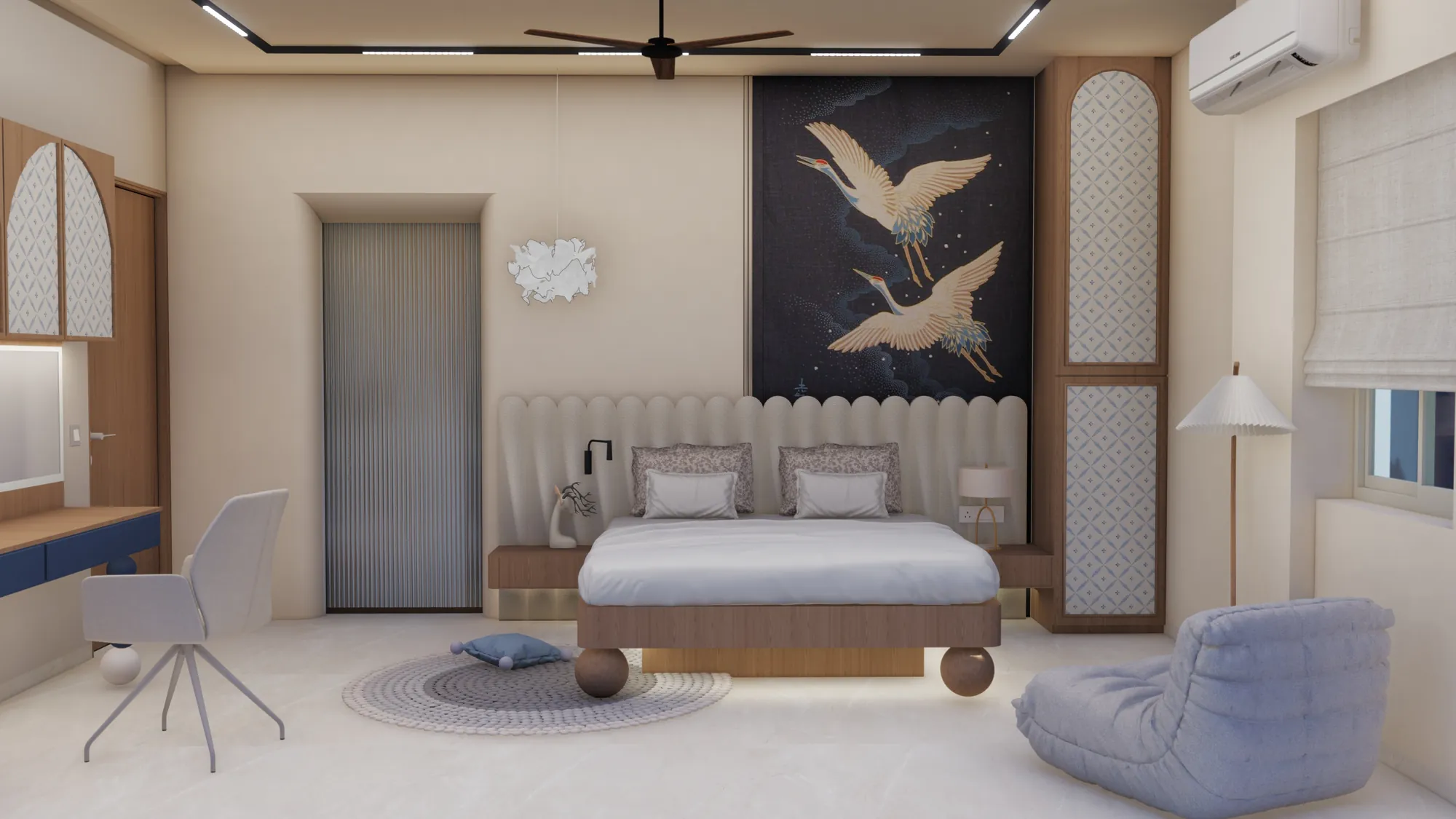 Design visualisation of a bedroom with a crane mural and arched wardrobe panels