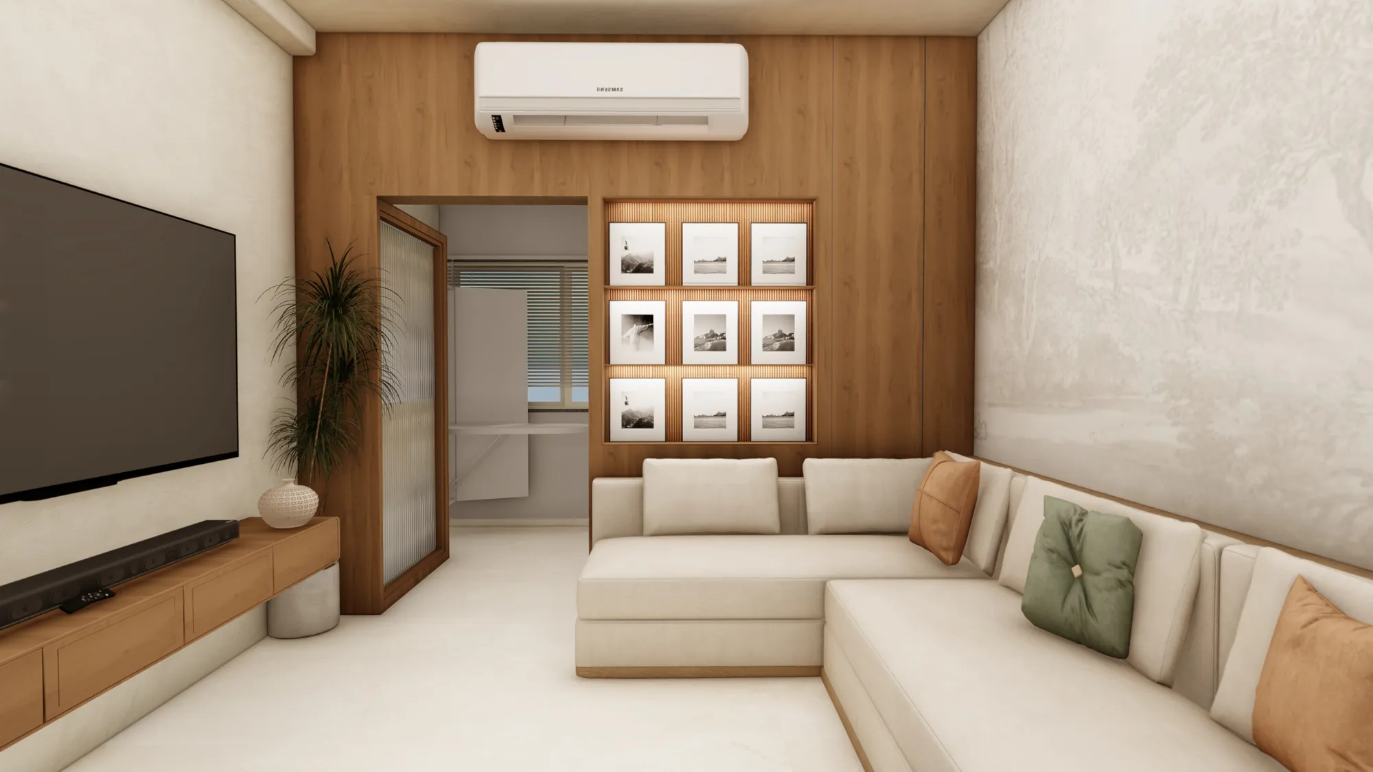 Design visualisation of the family lounge with a wood-panelled wall and framed photographs
