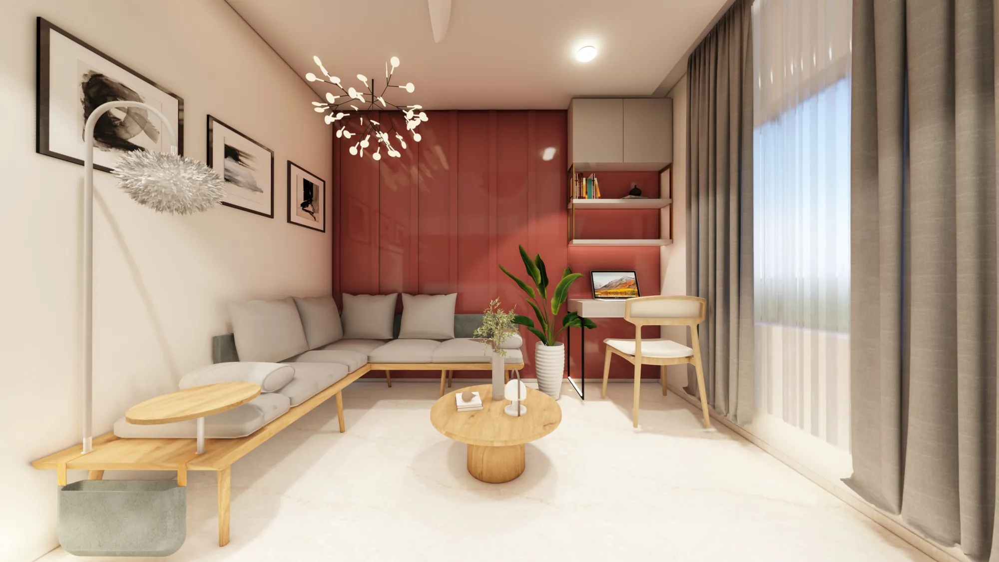 Design visualisation of the living area with the coral panelled wall