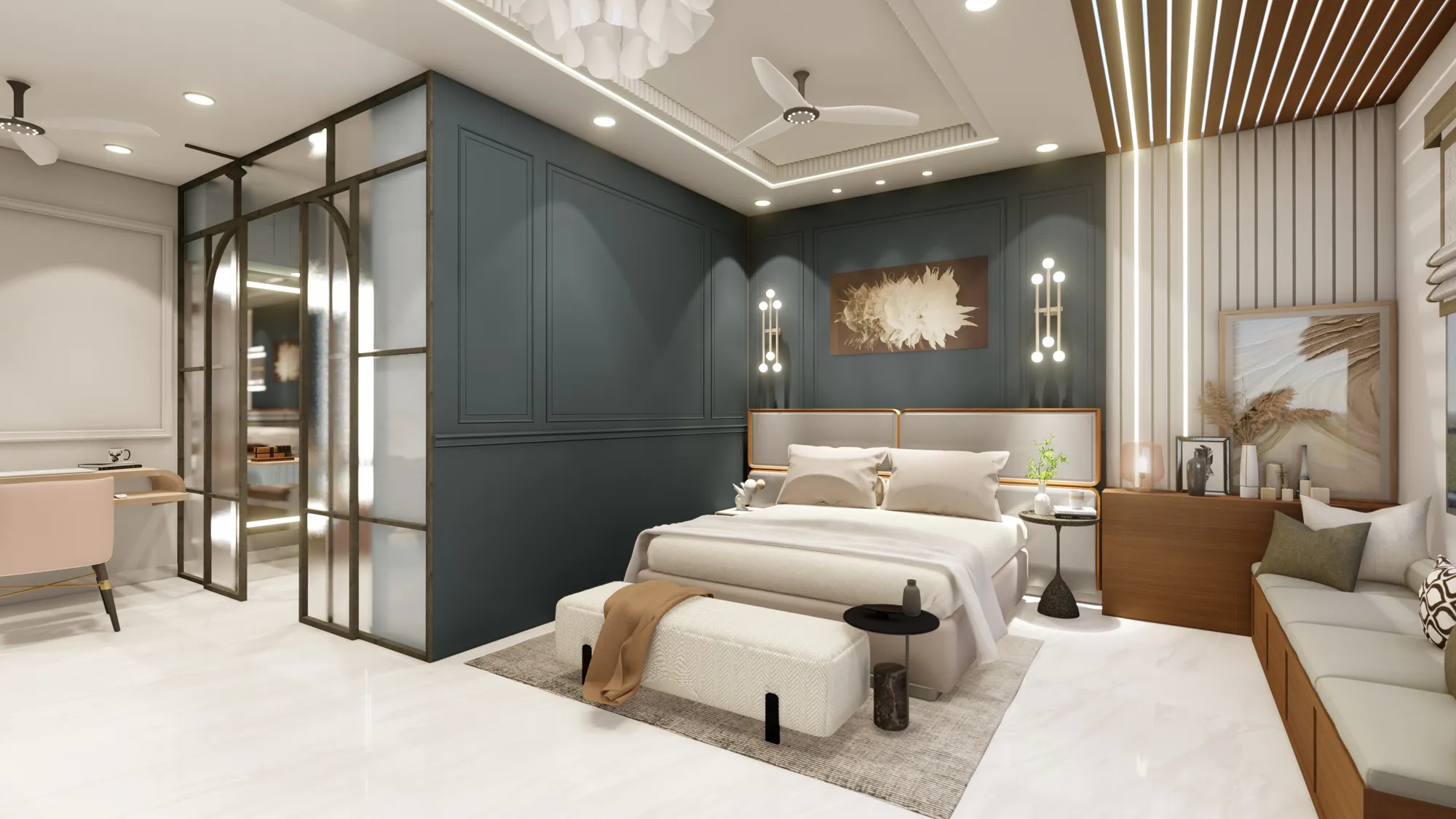 Design visualisation of the master bedroom with slate-blue panelling and a glass partition