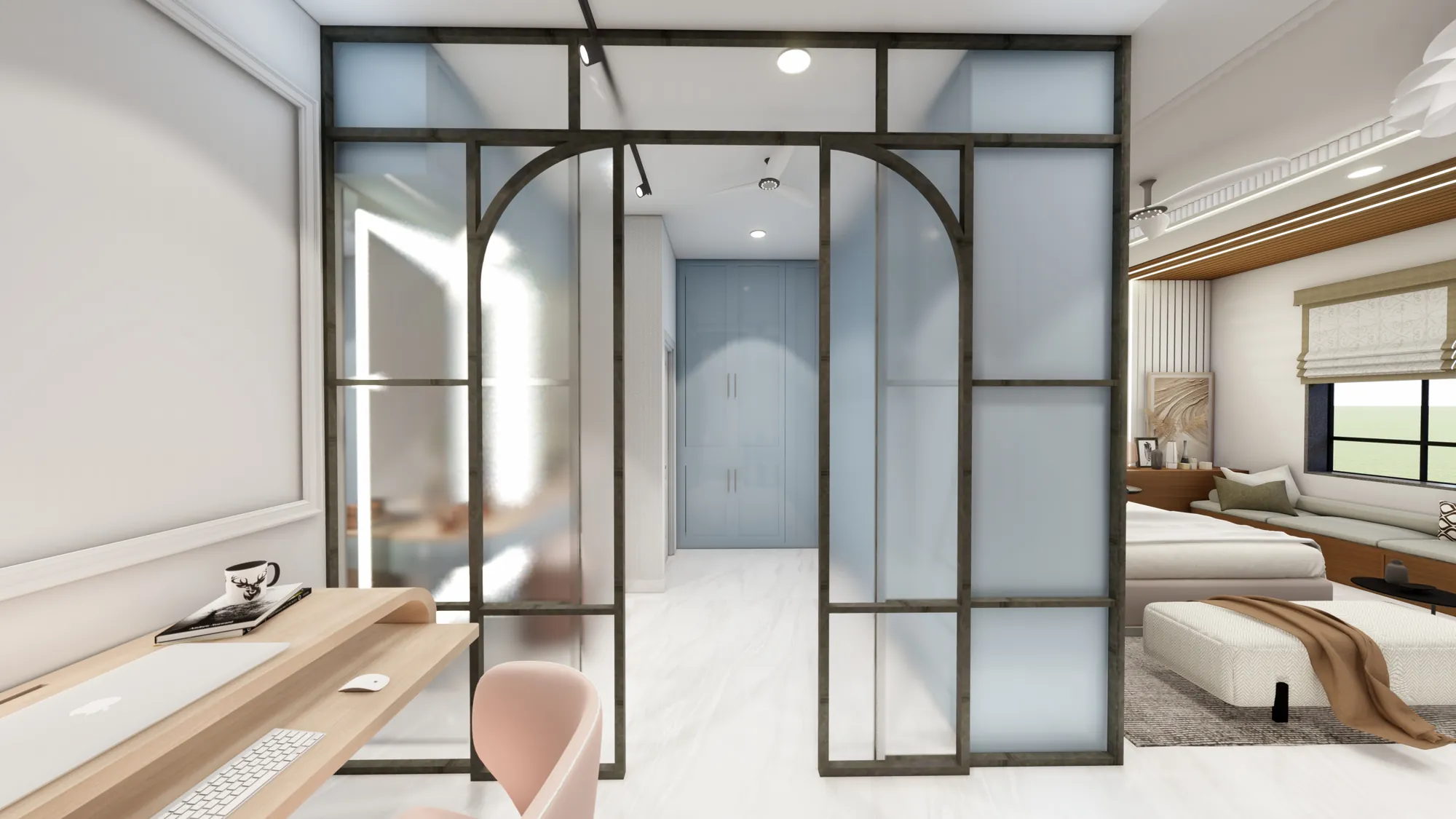 Design visualisation of the black-framed glass partition leading to the dressing area